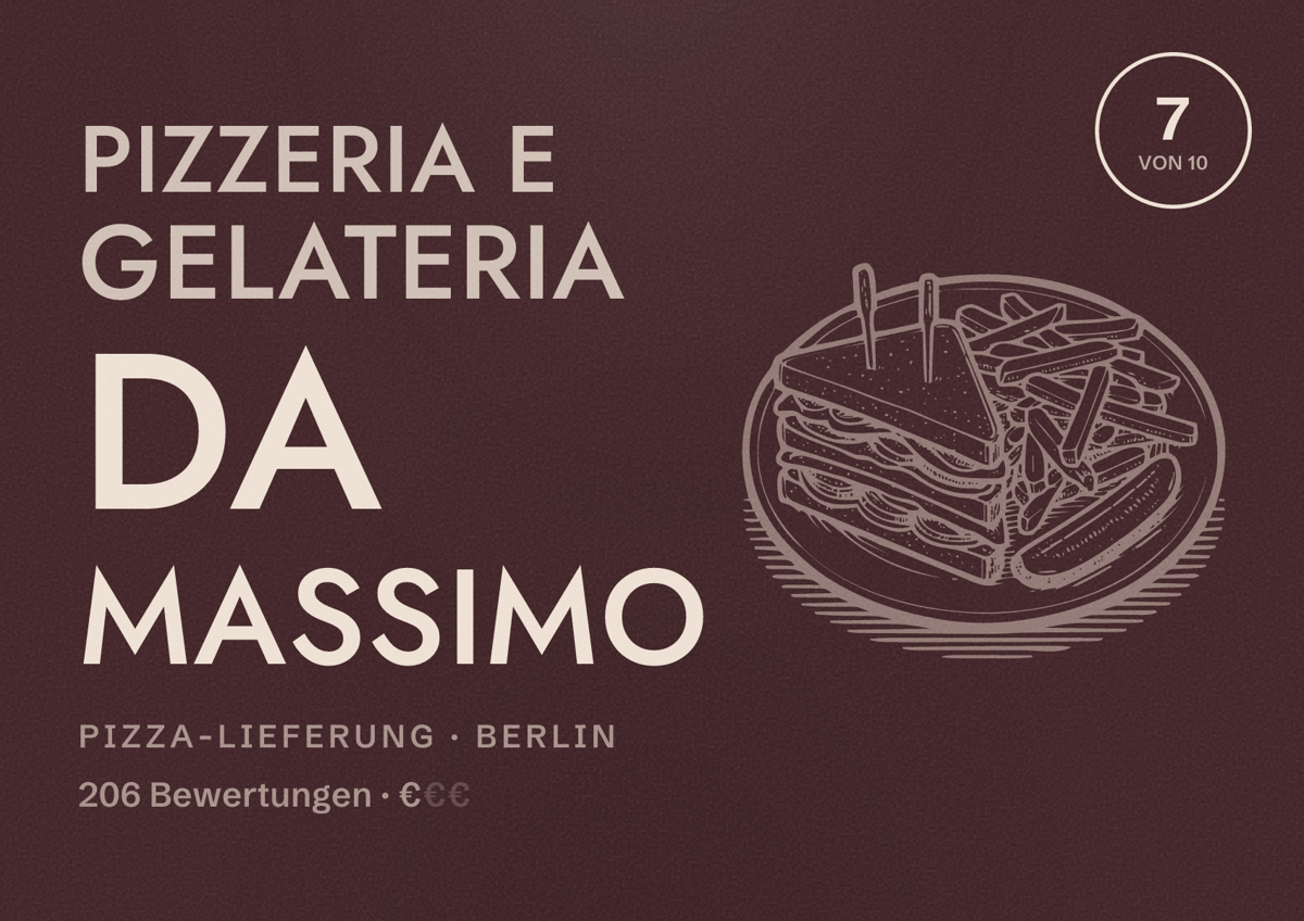 Illustriertes Poster von Pizzeria e Gelateria Da Massimo, Pizza-Lieferung in Berlin: Bewertung 7,0 von 10 aus 206 Bewertungen, Preisniveau €