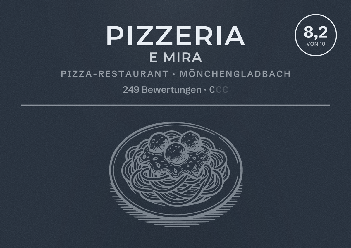 Illustriertes Poster von Pizzeria E Mira, Pizza-Restaurant in Mönchengladbach: Bewertung 8,2 von 10 aus 249 Bewertungen, Preisniveau €