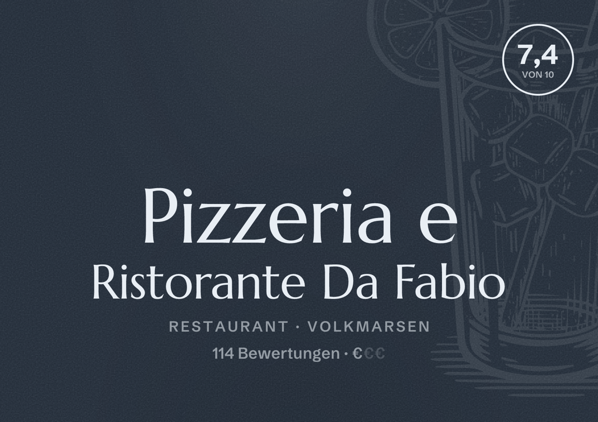 Illustriertes Poster von Pizzeria e Ristorante Da Fabio, Restaurant in Volkmarsen: Bewertung 7,4 von 10 aus 114 Bewertungen, Preisniveau €