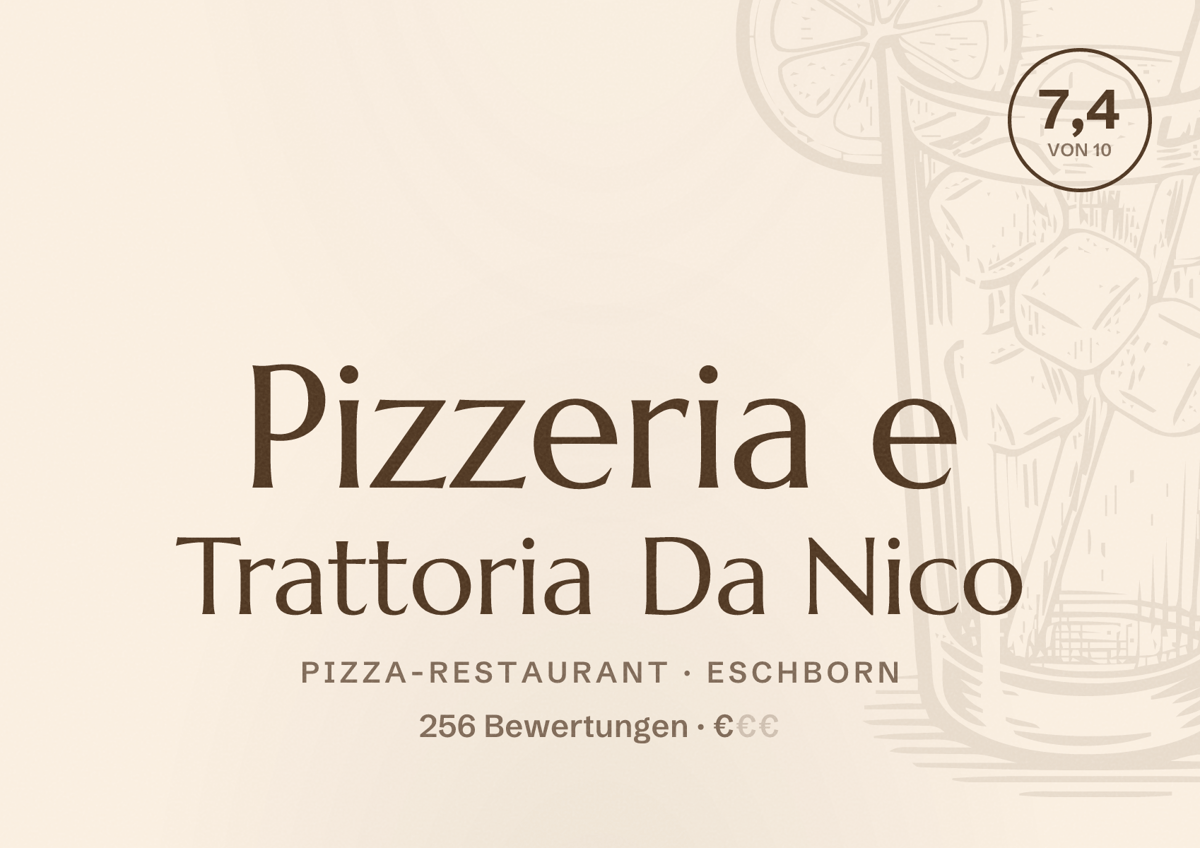 Illustriertes Poster von Pizzeria e Trattoria Da Nico, Pizza-Restaurant in Eschborn: Bewertung 7,4 von 10 aus 256 Bewertungen, Preisniveau €