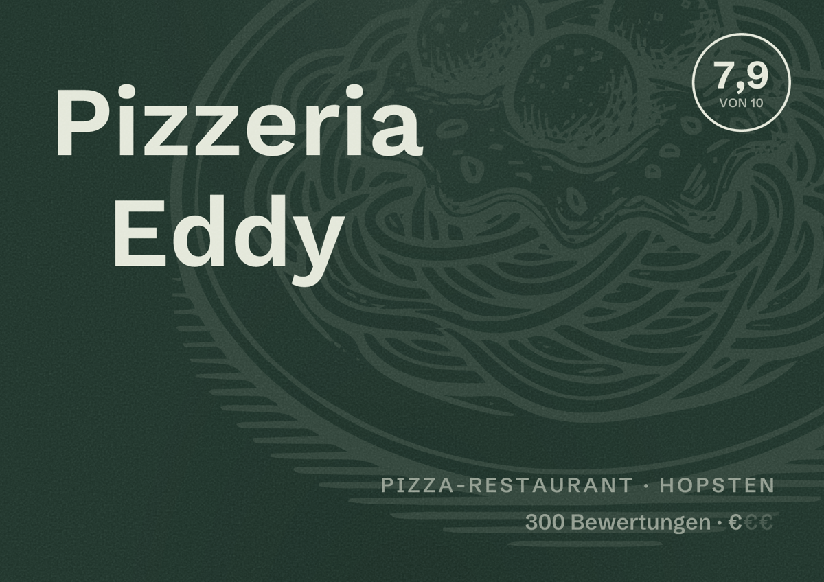 Illustriertes Poster von Pizzeria Eddy, Pizza-Restaurant in Hopsten: Bewertung 7,9 von 10 aus 300 Bewertungen, Preisniveau €