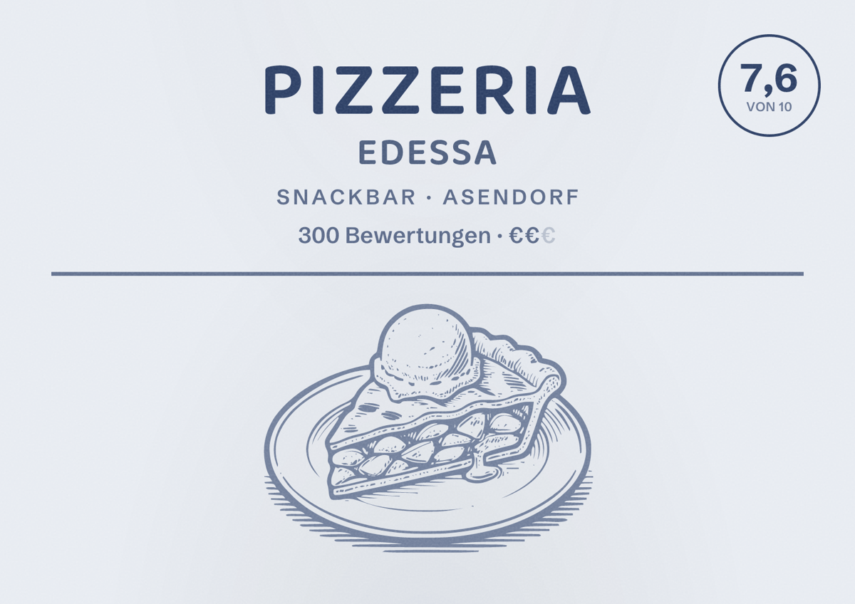 Illustriertes Poster von Pizzeria Edessa, Snackbar in Asendorf: Bewertung 7,6 von 10 aus 300 Bewertungen, Preisniveau €€