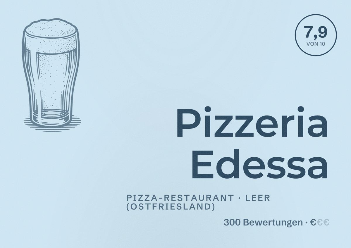 Illustriertes Poster von Pizzeria Edessa, Pizza-Restaurant in Leer (Ostfriesland): Bewertung 7,9 von 10 aus 300 Bewertungen, Preisniveau €