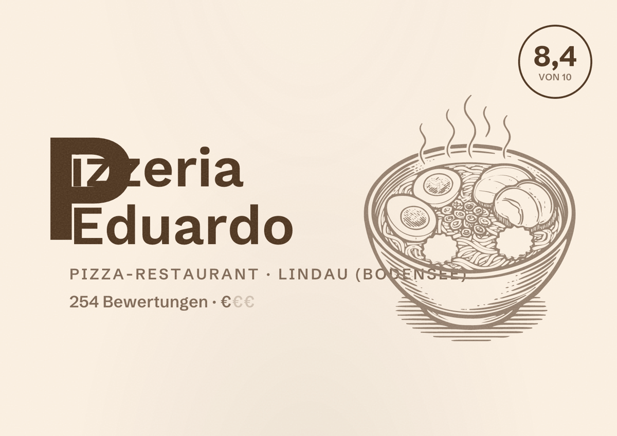 Illustriertes Poster von Pizzeria Eduardo, Pizza-Restaurant in Lindau (Bodensee): Bewertung 8,4 von 10 aus 254 Bewertungen, Preisniveau €