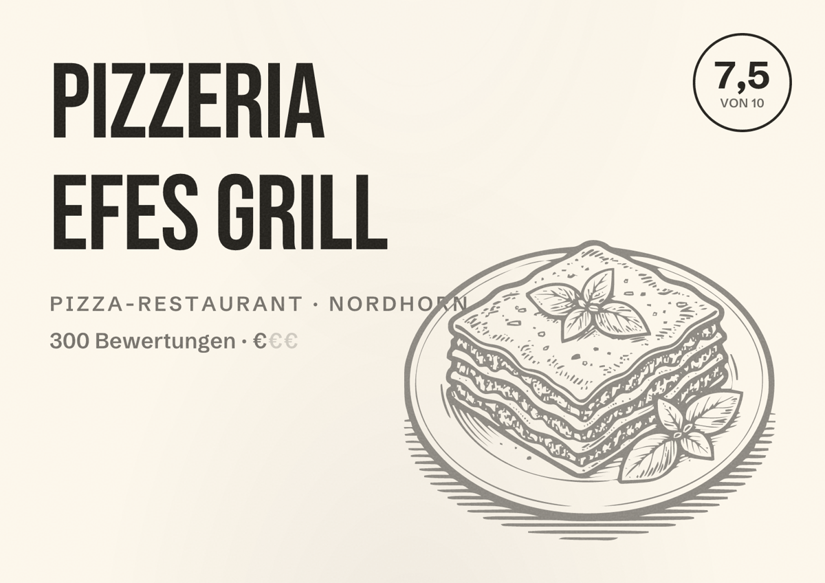 Illustriertes Poster von Pizzeria Efes Grill, Pizza-Restaurant in Nordhorn: Bewertung 7,5 von 10 aus 300 Bewertungen, Preisniveau €