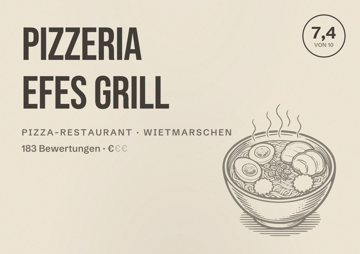 Illustriertes Poster von Pizzeria Efes Grill, Pizza-Restaurant in Wietmarschen: Bewertung 7,4 von 10 aus 183 Bewertungen, Preisniveau €