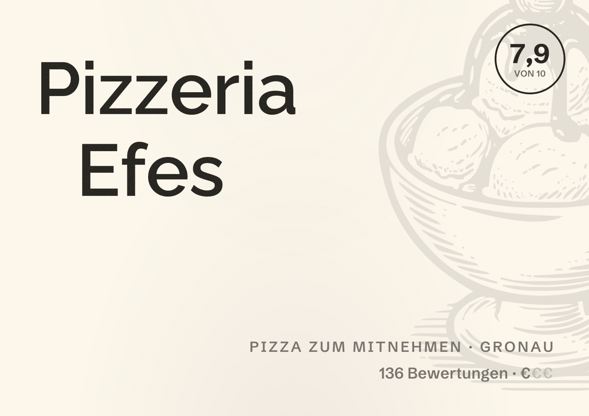 Illustriertes Poster von Pizzeria Efes, Pizza zum Mitnehmen in Gronau: Bewertung 7,9 von 10 aus 136 Bewertungen, Preisniveau €