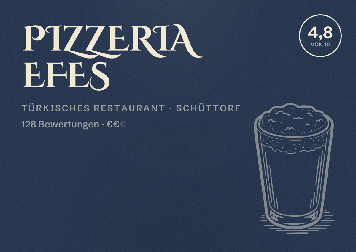 Illustriertes Poster von Pizzeria Efes, Türkisches Restaurant in Schüttorf: Bewertung 4,8 von 10 aus 128 Bewertungen, Preisniveau €€