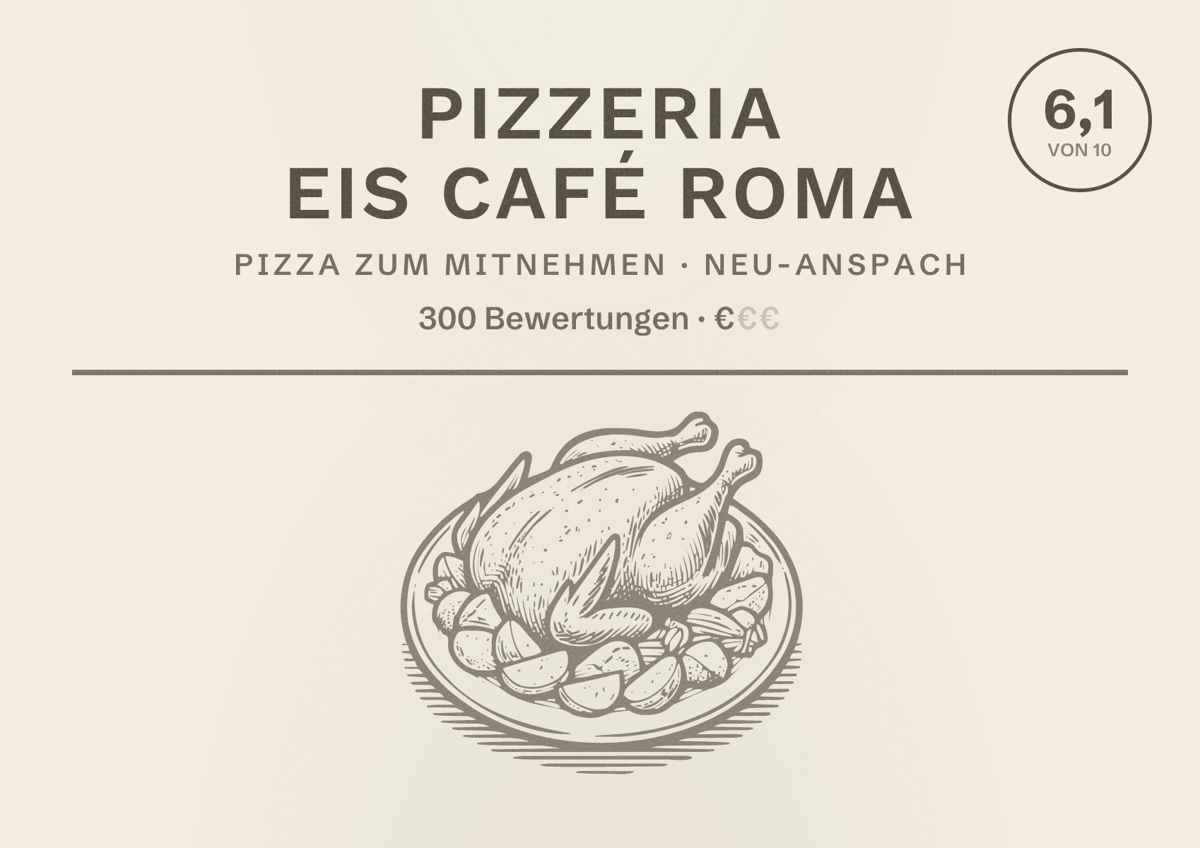 Illustriertes Poster von Pizzeria Eis Café Roma, Pizza zum Mitnehmen in Neu-Anspach: Bewertung 6,1 von 10 aus 300 Bewertungen, Preisniveau €