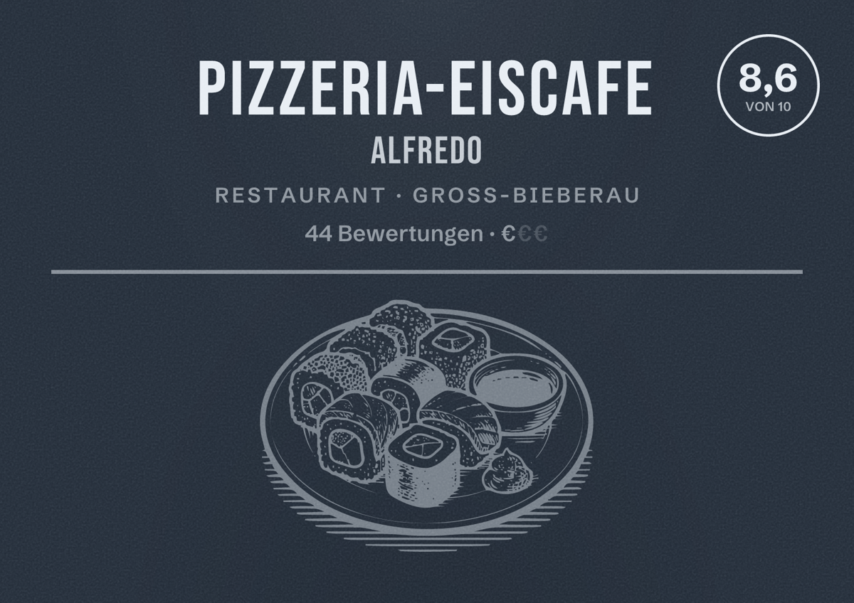 Illustriertes Poster von Pizzeria-Eiscafe Alfredo, Restaurant in Groß-Bieberau: Bewertung 8,6 von 10 aus 44 Bewertungen, Preisniveau €
