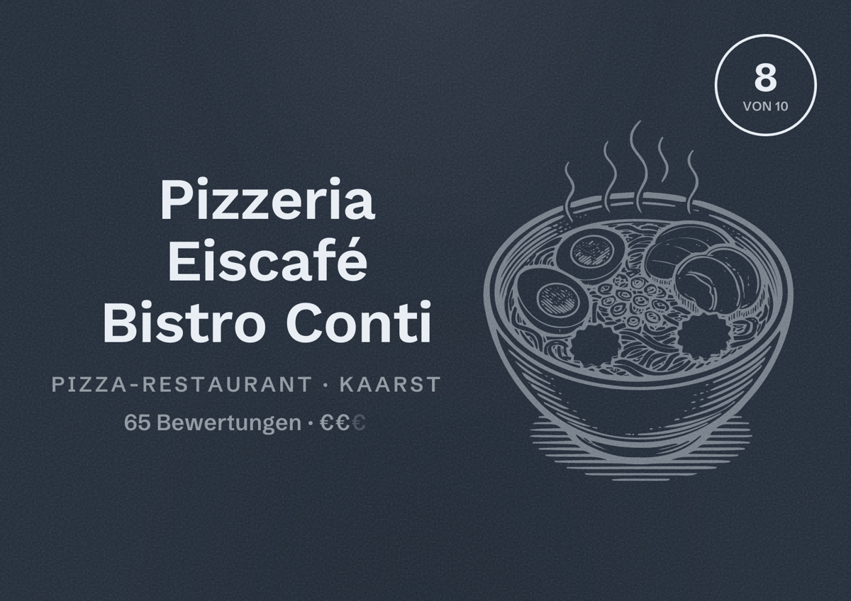 Illustriertes Poster von Pizzeria Eiscafé Bistro Conti, Pizza-Restaurant in Kaarst: Bewertung 8 von 10 aus 65 Bewertungen, Preisniveau €€