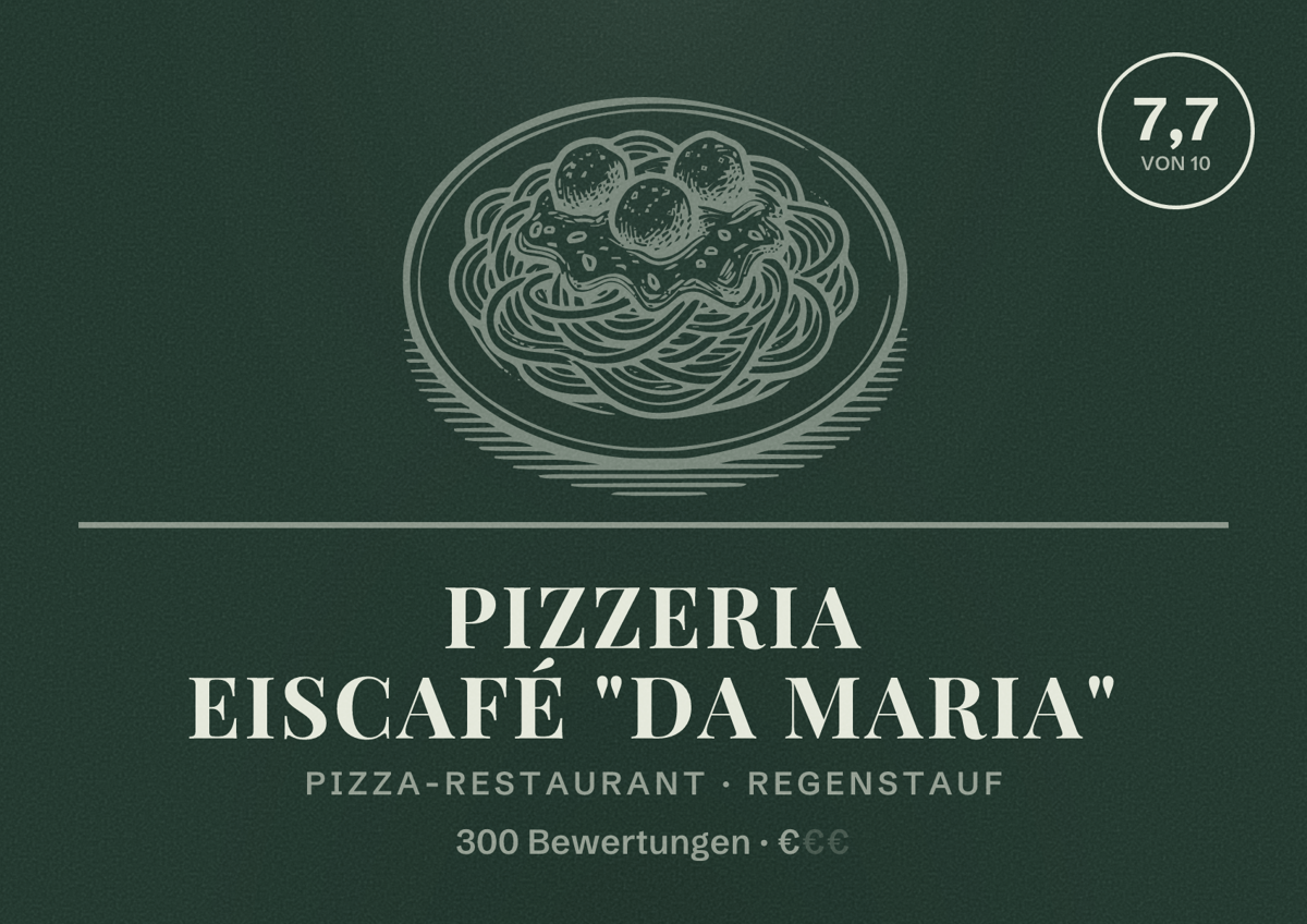 Illustriertes Poster von Pizzeria Eiscafé "Da Maria", Pizza-Restaurant in Regenstauf: Bewertung 7,7 von 10 aus 300 Bewertungen, Preisniveau €