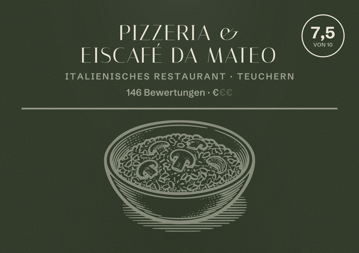 Illustriertes Poster von Pizzeria & Eiscafé Da Mateo, Italienisches Restaurant in Teuchern: Bewertung 7,5 von 10 aus 146 Bewertungen, Preisniveau €