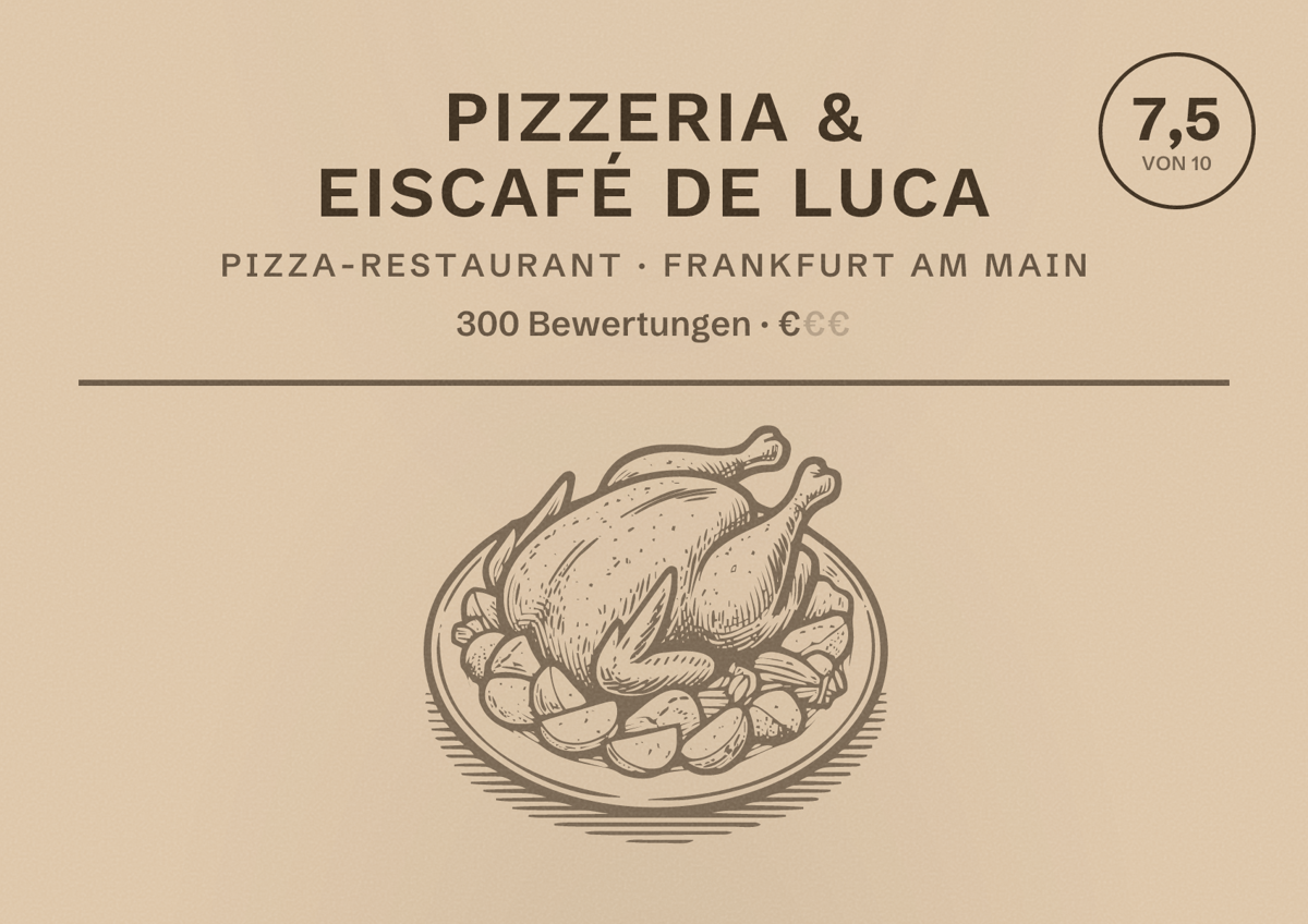 Illustriertes Poster von Pizzeria & Eiscafé De Luca, Pizza-Restaurant in Frankfurt am Main: Bewertung 7,5 von 10 aus 300 Bewertungen, Preisniveau €