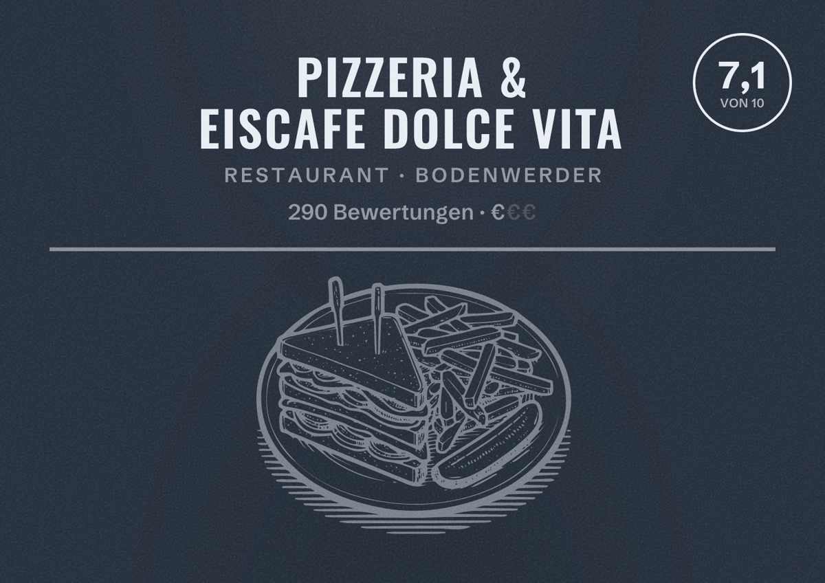 Illustriertes Poster von Pizzeria & Eiscafe Dolce Vita, Restaurant in Bodenwerder: Bewertung 7,1 von 10 aus 290 Bewertungen, Preisniveau €