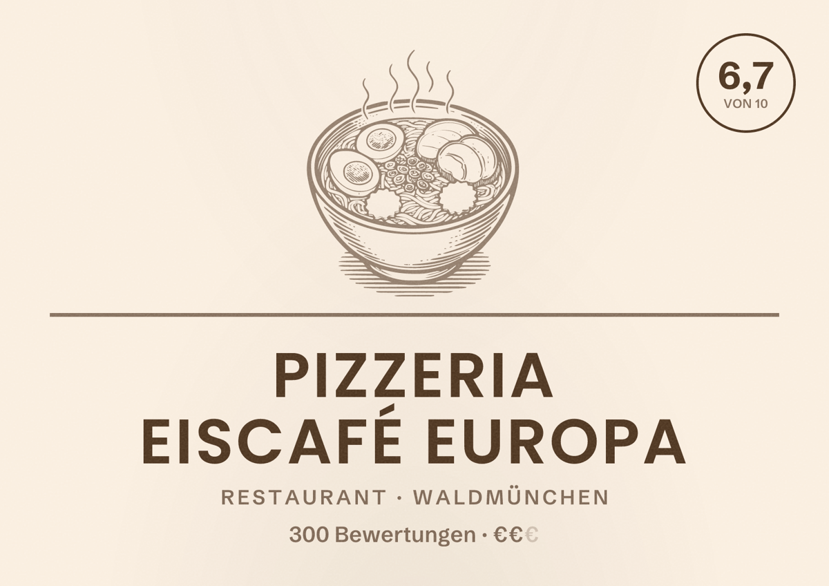 Illustriertes Poster von Pizzeria Eiscafé Europa, Restaurant in Waldmünchen: Bewertung 6,7 von 10 aus 300 Bewertungen, Preisniveau €€