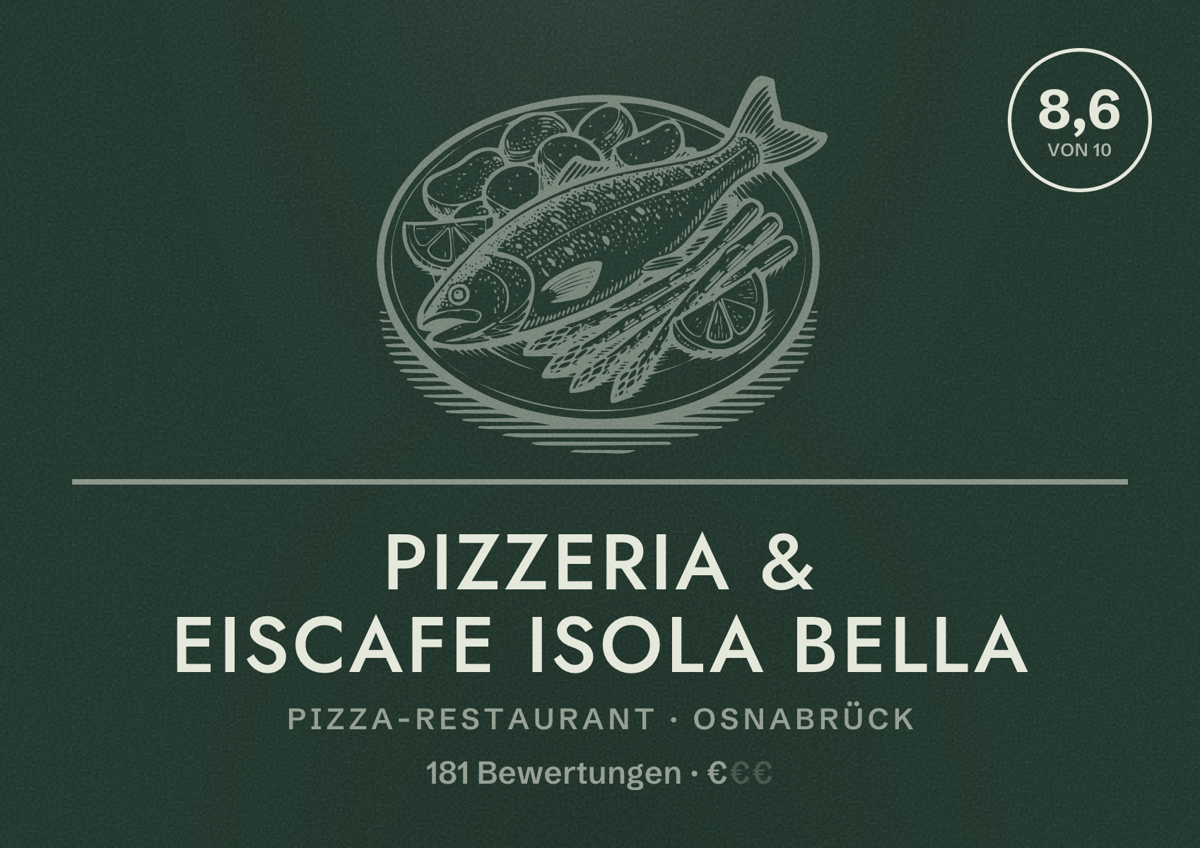 Illustriertes Poster von Pizzeria & Eiscafe Isola Bella, Pizza-Restaurant in Osnabrück: Bewertung 8,6 von 10 aus 181 Bewertungen, Preisniveau €