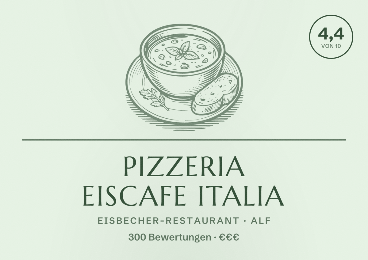 Illustriertes Poster von Pizzeria Eiscafe Italia, Eisbecher-Restaurant in Alf: Bewertung 4,4 von 10 aus 300 Bewertungen, Preisniveau €€€