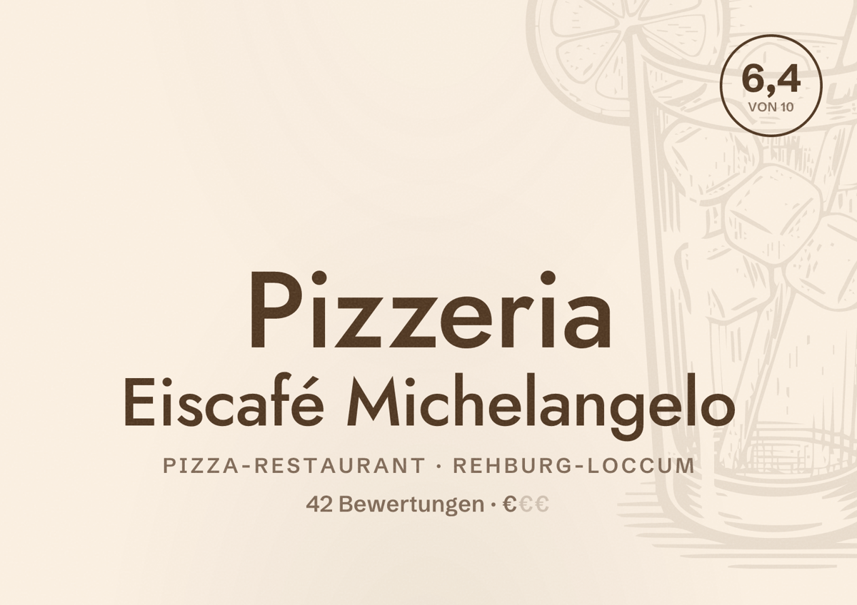Illustriertes Poster von Pizzeria Eiscafé Michelangelo, Pizza-Restaurant in Rehburg-Loccum: Bewertung 6,4 von 10 aus 42 Bewertungen, Preisniveau €