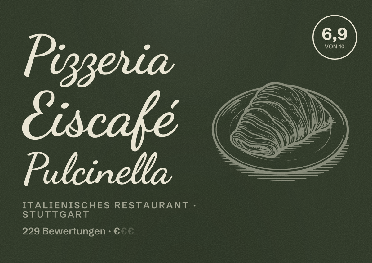 Illustriertes Poster von Pizzeria Eiscafé Pulcinella, Italienisches Restaurant in Stuttgart: Bewertung 6,9 von 10 aus 229 Bewertungen, Preisniveau €