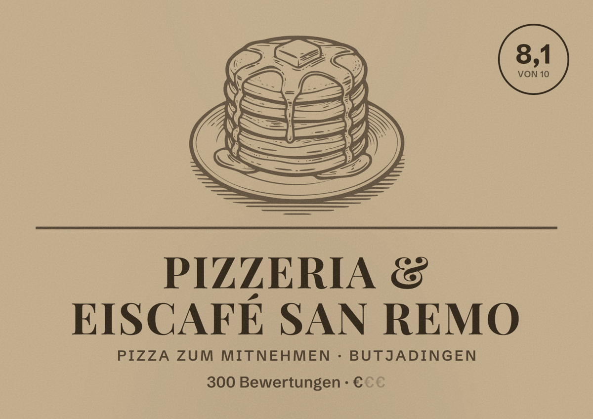 Illustriertes Poster von Pizzeria & Eiscafé San Remo, Pizza zum Mitnehmen in Butjadingen: Bewertung 8,1 von 10 aus 300 Bewertungen, Preisniveau €