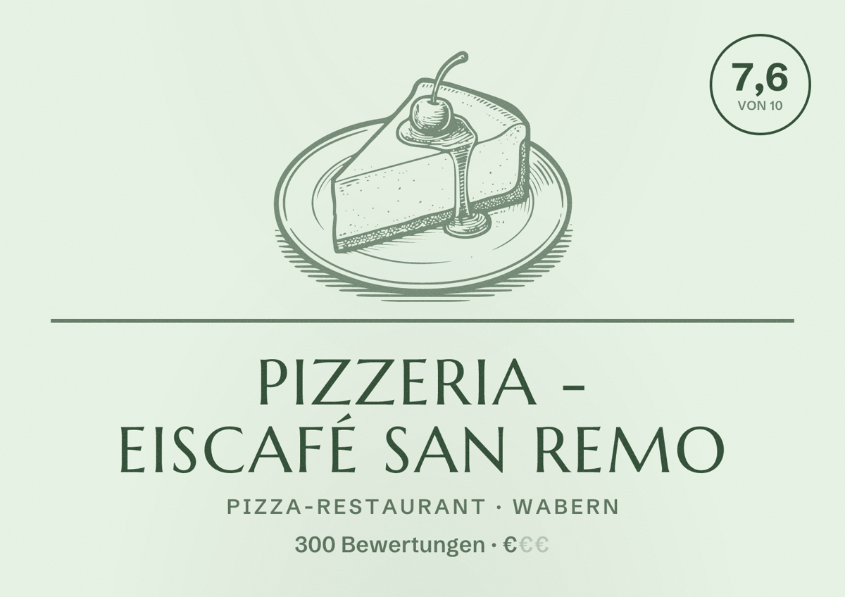 Illustriertes Poster von Pizzeria - Eiscafé San Remo, Pizza-Restaurant in Wabern: Bewertung 7,6 von 10 aus 300 Bewertungen, Preisniveau €