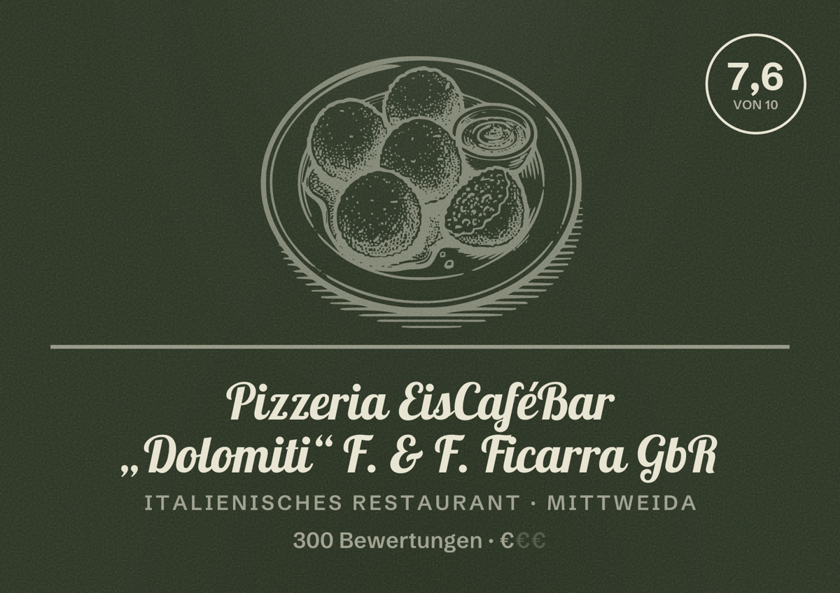 Illustriertes Poster von Pizzeria EisCaféBar „Dolomiti“ F. & F. Ficarra GbR, Italienisches Restaurant in Mittweida: Bewertung 7,6 von 10 aus 300 Bewertungen, Preisniveau €
