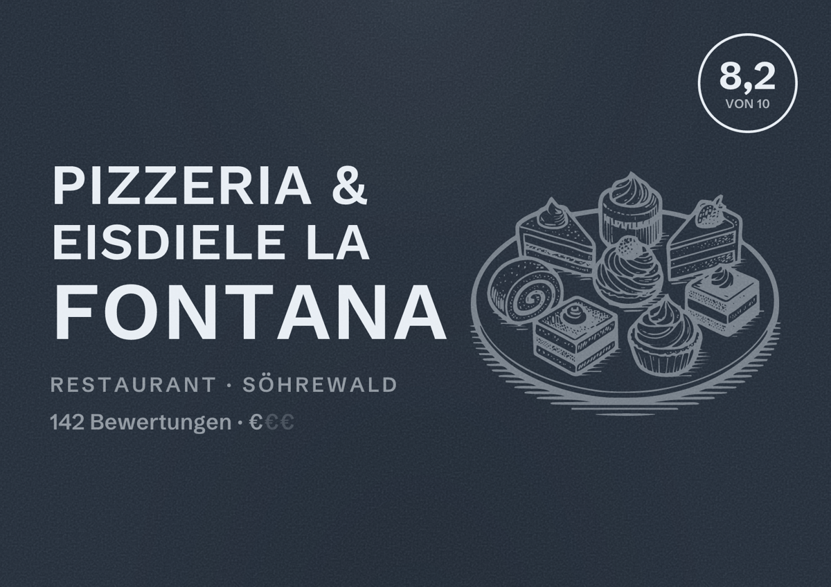 Illustriertes Poster von Pizzeria & Eisdiele La Fontana, Restaurant in Söhrewald: Bewertung 8,2 von 10 aus 142 Bewertungen, Preisniveau €