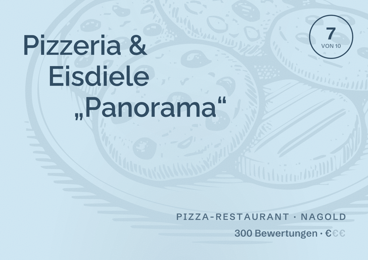 Illustriertes Poster von Pizzeria & Eisdiele „Panorama“, Pizza-Restaurant in Nagold: Bewertung 7 von 10 aus 300 Bewertungen, Preisniveau €