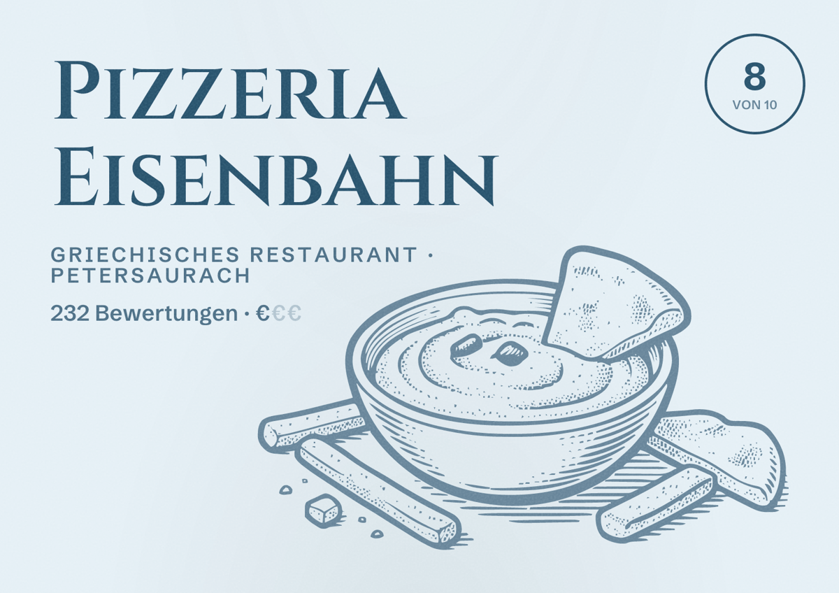 Illustriertes Poster von Pizzeria Eisenbahn, Griechisches Restaurant in Petersaurach: Bewertung 8 von 10 aus 232 Bewertungen, Preisniveau €