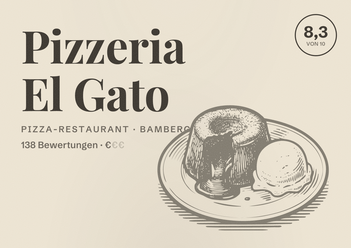 Illustriertes Poster von Pizzeria El Gato, Pizza-Restaurant in Bamberg: Bewertung 8,3 von 10 aus 138 Bewertungen, Preisniveau €
