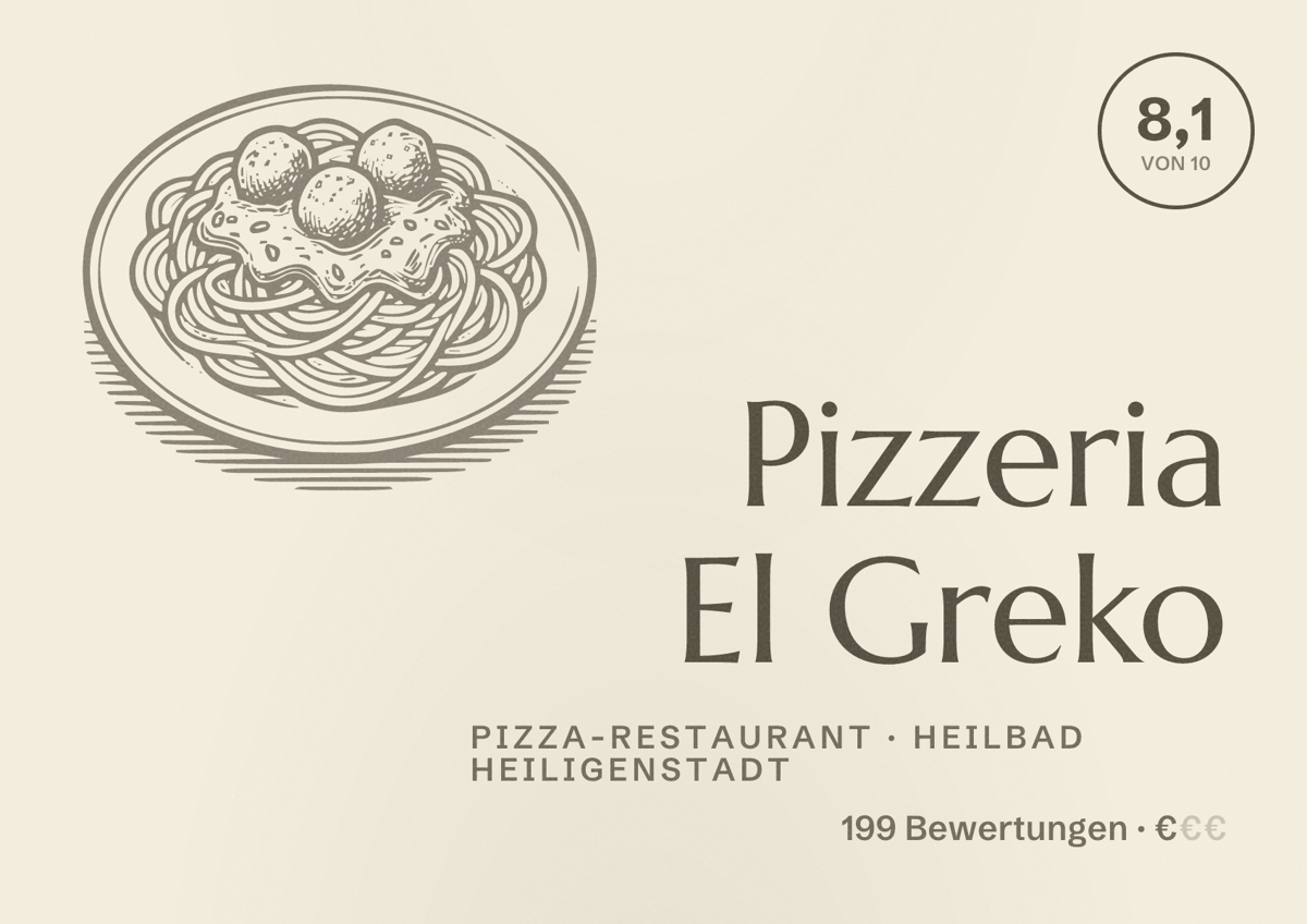 Illustriertes Poster von Pizzeria El Greko, Pizza-Restaurant in Heilbad Heiligenstadt: Bewertung 8,1 von 10 aus 199 Bewertungen, Preisniveau €