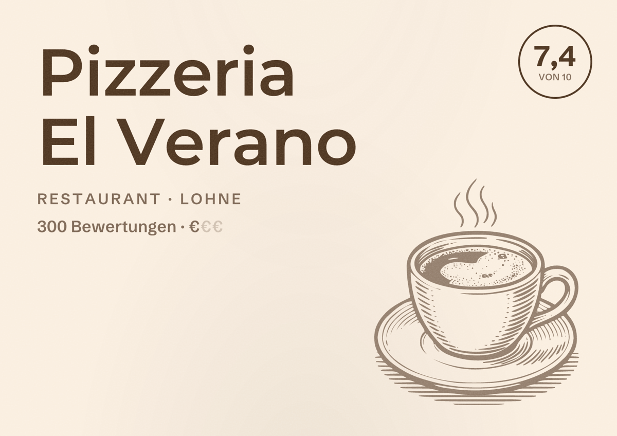 Illustriertes Poster von Pizzeria El Verano, Restaurant in Lohne: Bewertung 7,4 von 10 aus 300 Bewertungen, Preisniveau €