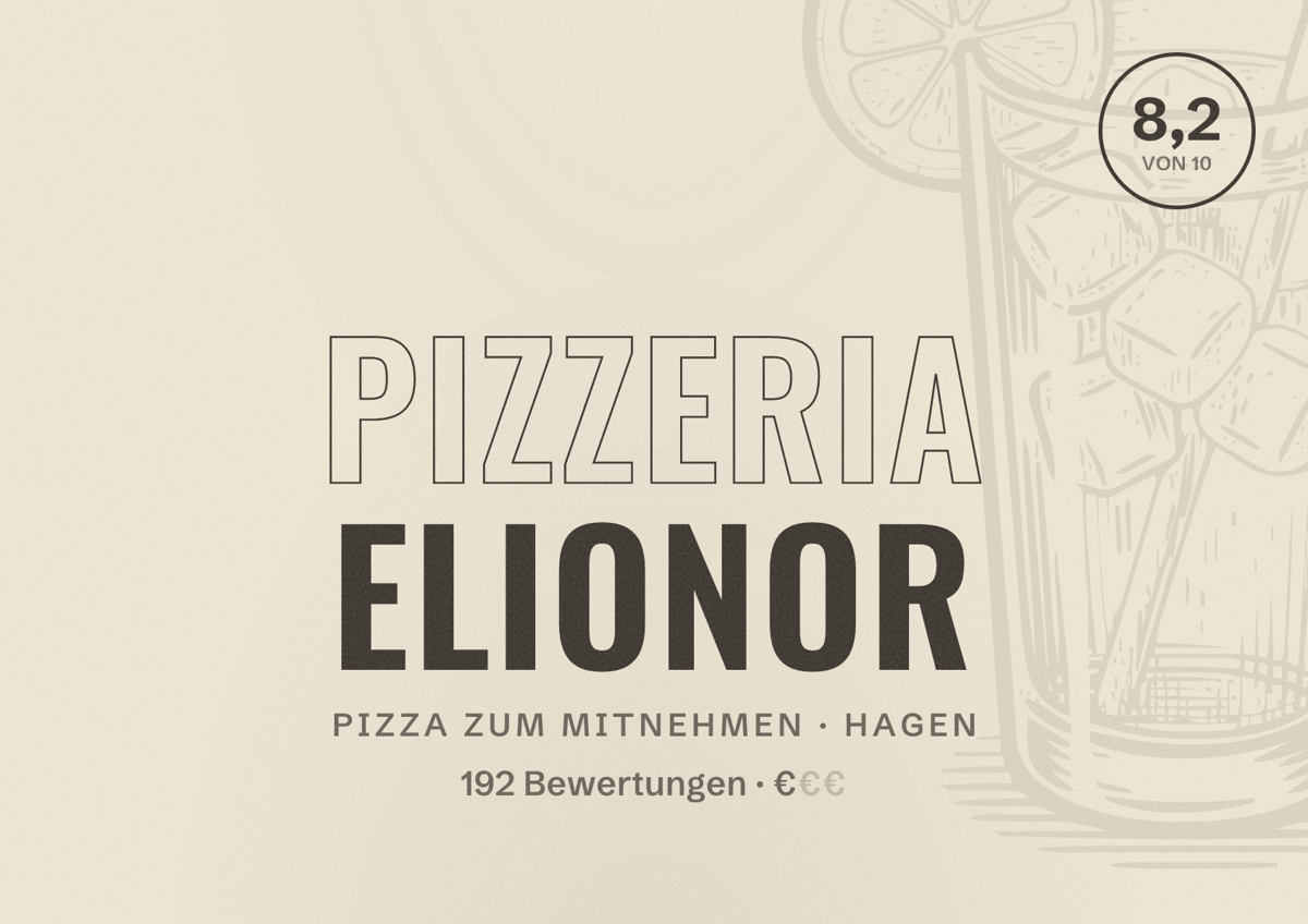 Illustriertes Poster von Pizzeria Elionor, Pizza zum Mitnehmen in Hagen: Bewertung 8,2 von 10 aus 192 Bewertungen, Preisniveau €