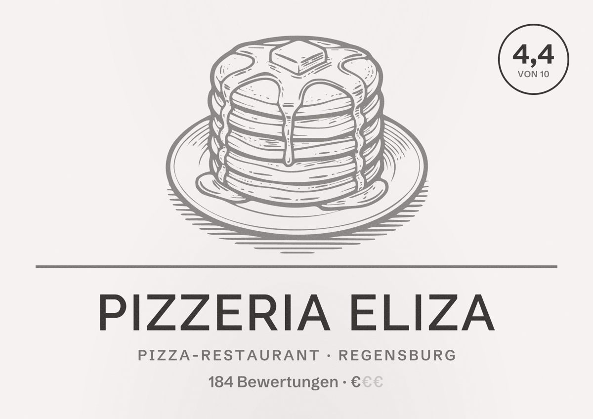 Illustriertes Poster von Pizzeria Eliza, Pizza-Restaurant in Regensburg: Bewertung 4,4 von 10 aus 184 Bewertungen, Preisniveau €