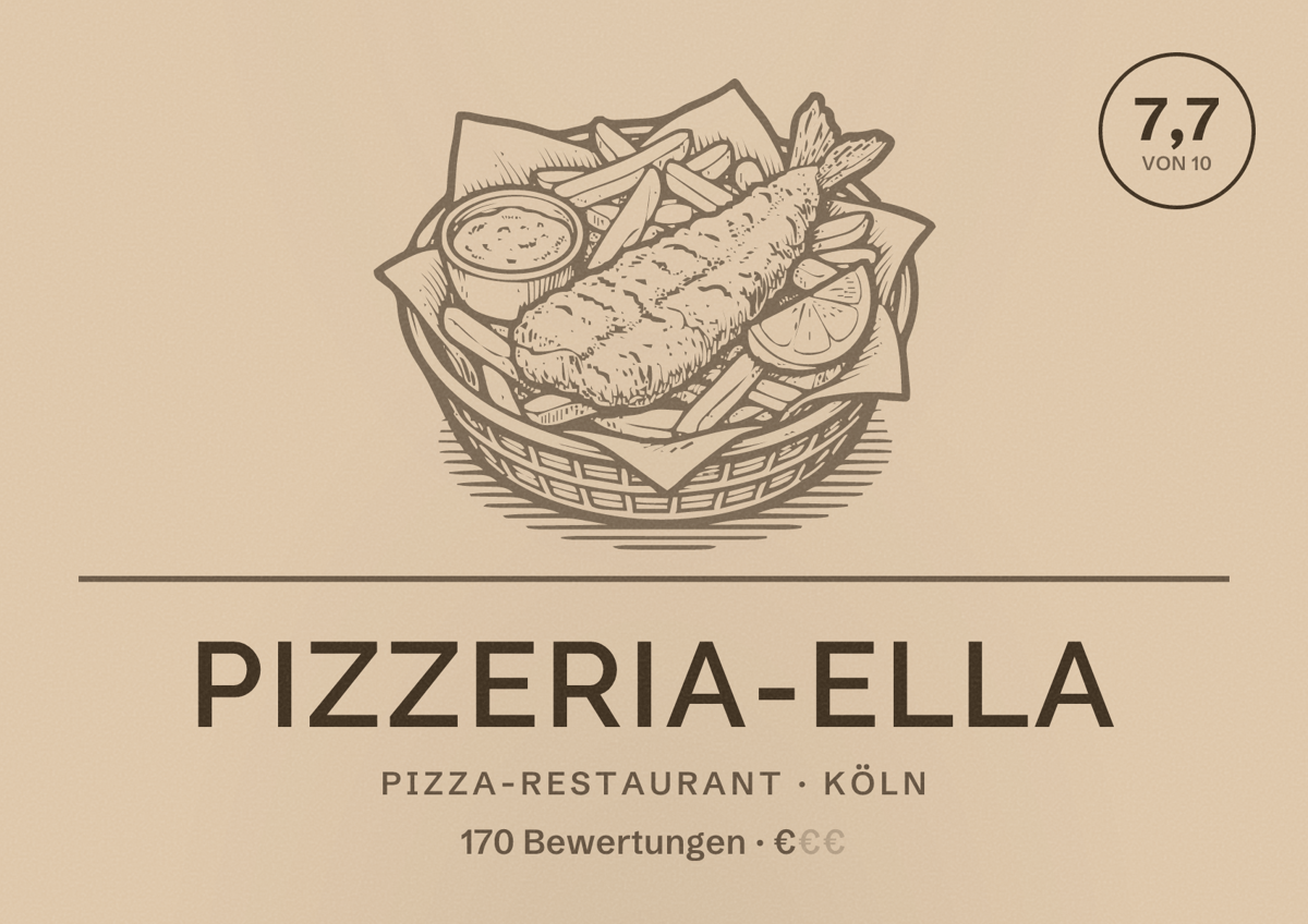 Illustriertes Poster von Pizzeria-ella, Pizza-Restaurant in Köln: Bewertung 7,7 von 10 aus 170 Bewertungen, Preisniveau €