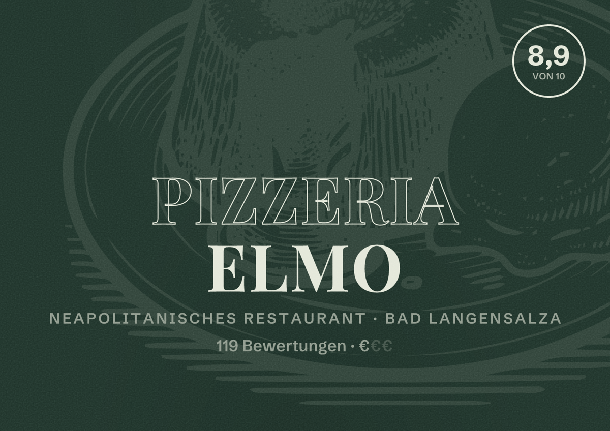 Illustriertes Poster von Pizzeria Elmo, Neapolitanisches Restaurant in Bad Langensalza: Bewertung 8,9 von 10 aus 119 Bewertungen, Preisniveau €