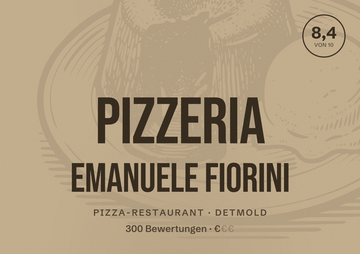 Illustriertes Poster von Pizzeria Emanuele Fiorini, Pizza-Restaurant in Detmold: Bewertung 8,4 von 10 aus 300 Bewertungen, Preisniveau €