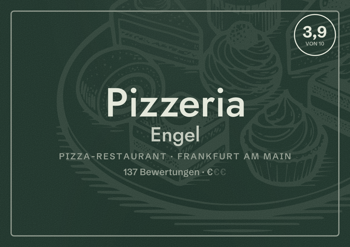 Illustriertes Poster von Pizzeria Engel, Pizza-Restaurant in Frankfurt am Main: Bewertung 3,9 von 10 aus 137 Bewertungen, Preisniveau €