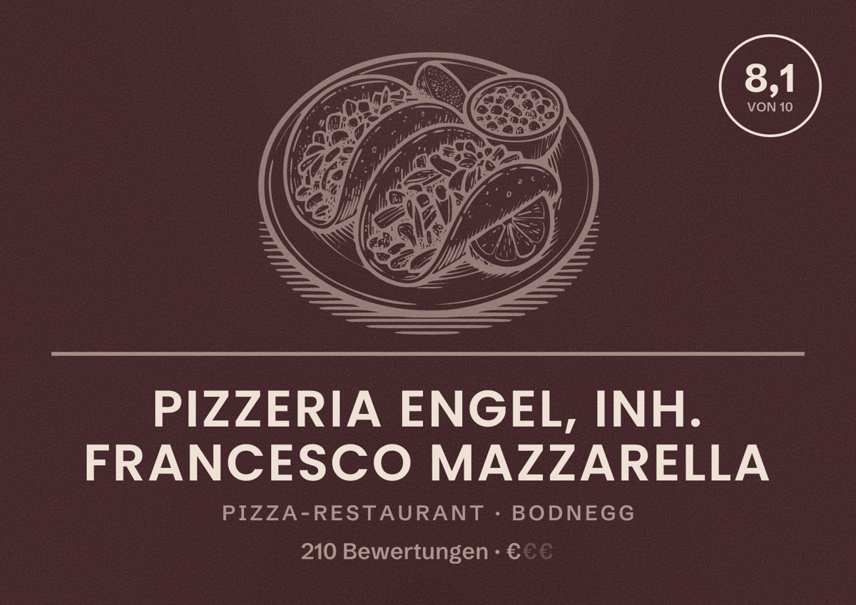 Illustriertes Poster von Pizzeria Engel, Inh. Francesco Mazzarella, Pizza-Restaurant in Bodnegg: Bewertung 8,1 von 10 aus 210 Bewertungen, Preisniveau €