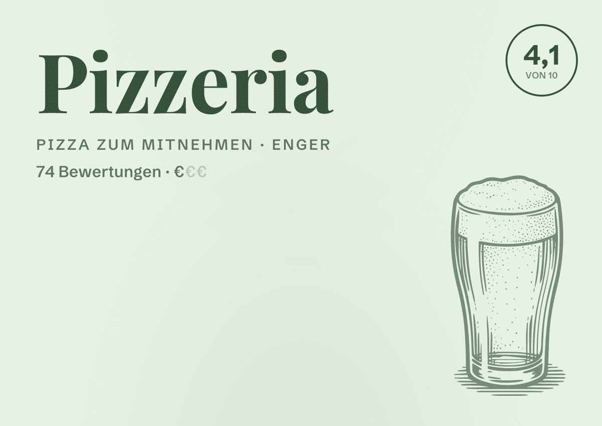 Illustriertes Poster von Pizzeria, Pizza zum Mitnehmen in Enger: Bewertung 4,1 von 10 aus 74 Bewertungen, Preisniveau €