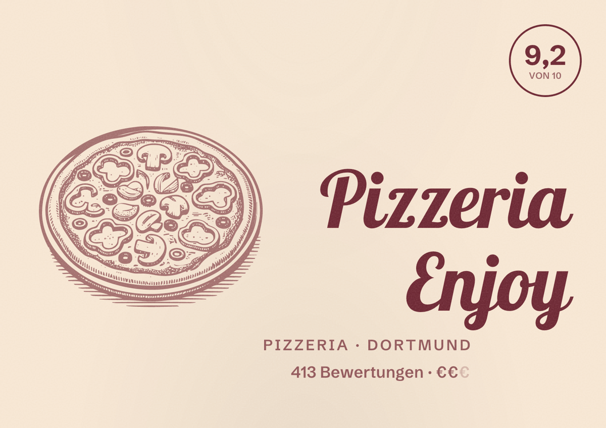 Illustriertes Poster von Pizzeria Enjoy, Pizzeria in Dortmund: Bewertung 9,2 von 10 aus 413 Bewertungen, Preisniveau €€
