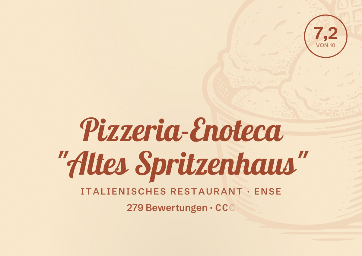 Illustriertes Poster von Pizzeria-Enoteca "Altes Spritzenhaus", Italienisches Restaurant in Ense: Bewertung 7,2 von 10 aus 279 Bewertungen, Preisniveau €€