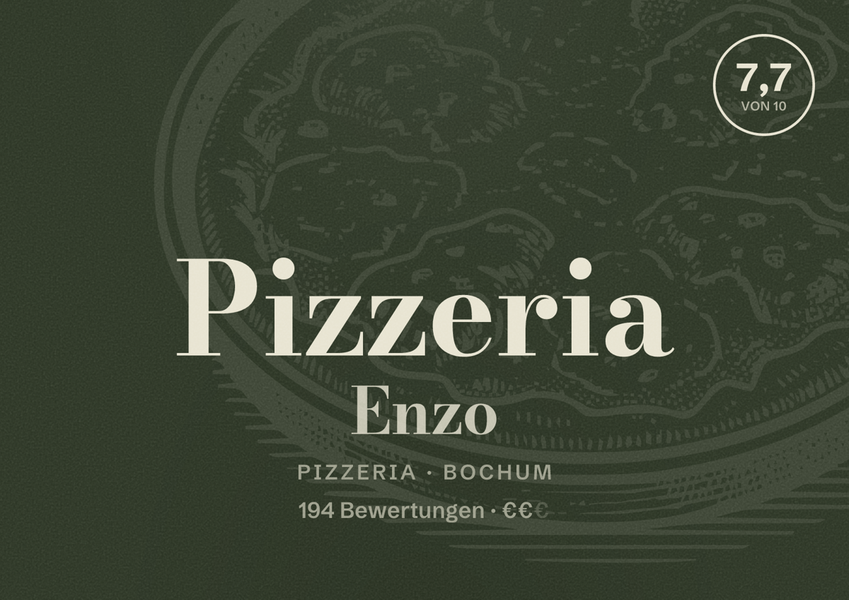 Illustriertes Poster von Pizzeria Enzo, Pizzeria in Bochum: Bewertung 7,7 von 10 aus 194 Bewertungen, Preisniveau €€