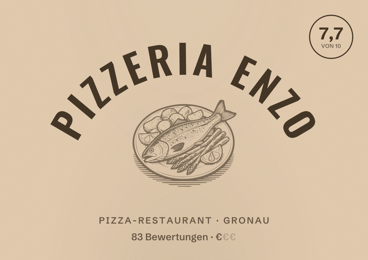 Illustriertes Poster von Pizzeria Enzo, Pizza-Restaurant in Gronau: Bewertung 7,7 von 10 aus 83 Bewertungen, Preisniveau €