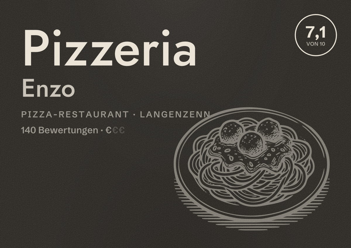 Illustriertes Poster von Pizzeria Enzo, Pizza-Restaurant in Langenzenn: Bewertung 7,1 von 10 aus 140 Bewertungen, Preisniveau €