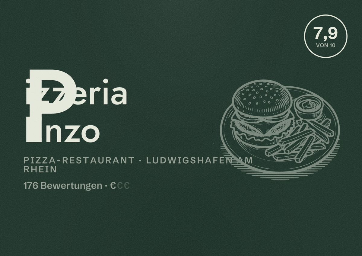 Illustriertes Poster von Pizzeria Enzo, Pizza-Restaurant in Ludwigshafen am Rhein: Bewertung 7,9 von 10 aus 176 Bewertungen, Preisniveau €