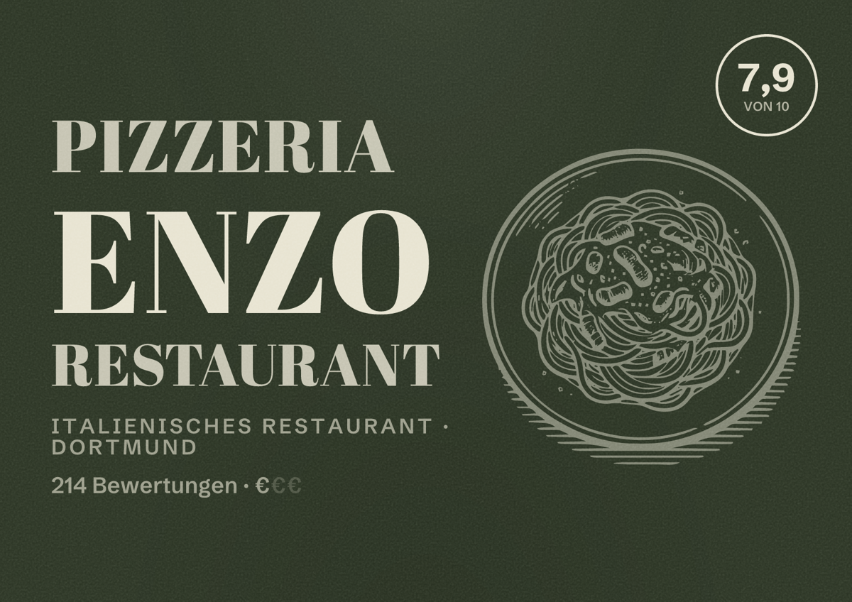 Illustriertes Poster von Pizzeria Enzo Restaurant, Italienisches Restaurant in Dortmund: Bewertung 7,9 von 10 aus 214 Bewertungen, Preisniveau €