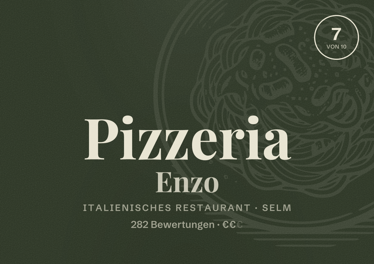 Illustriertes Poster von Pizzeria Enzo, Italienisches Restaurant in Selm: Bewertung 7,0 von 10 aus 282 Bewertungen, Preisniveau €€