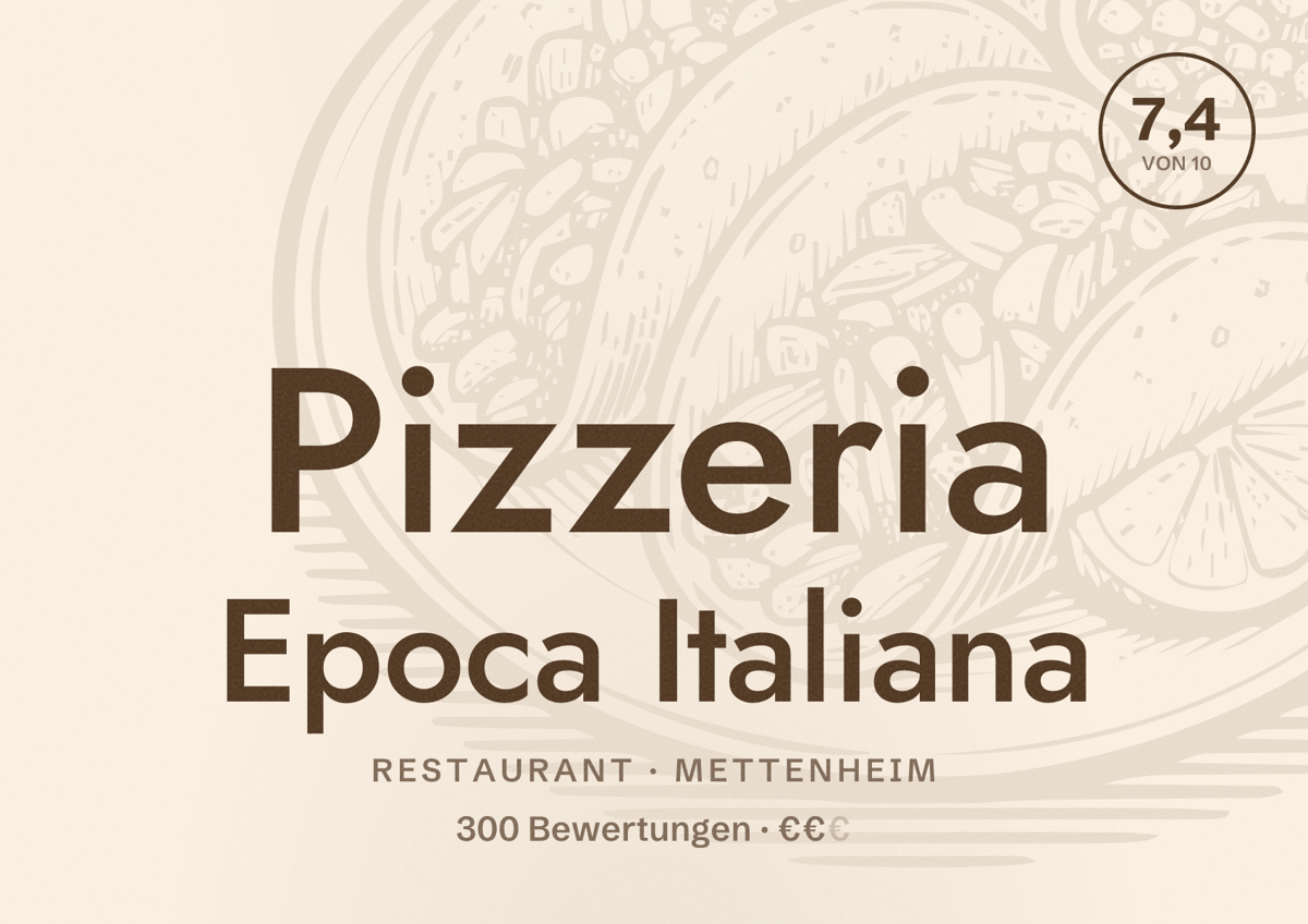 Illustriertes Poster von Pizzeria Epoca Italiana, Restaurant in Mettenheim: Bewertung 7,4 von 10 aus 300 Bewertungen, Preisniveau €€
